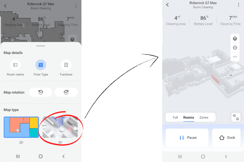 Выбор 3D-карты в приложении Roborock Q7 Max.